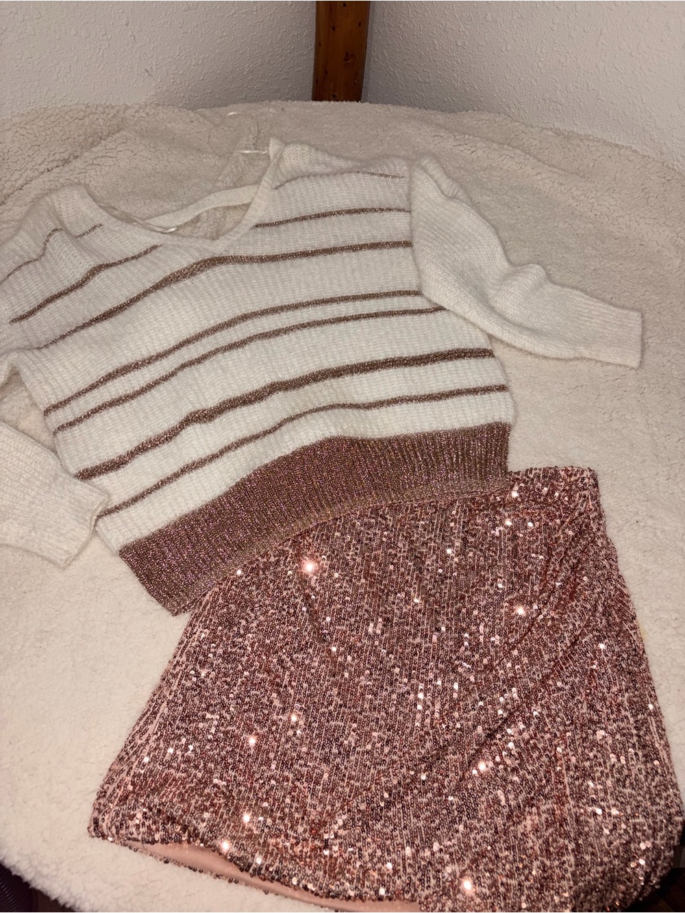 GB girls Cream Sweater with Rose Gold Stripes & Sequin Skirt